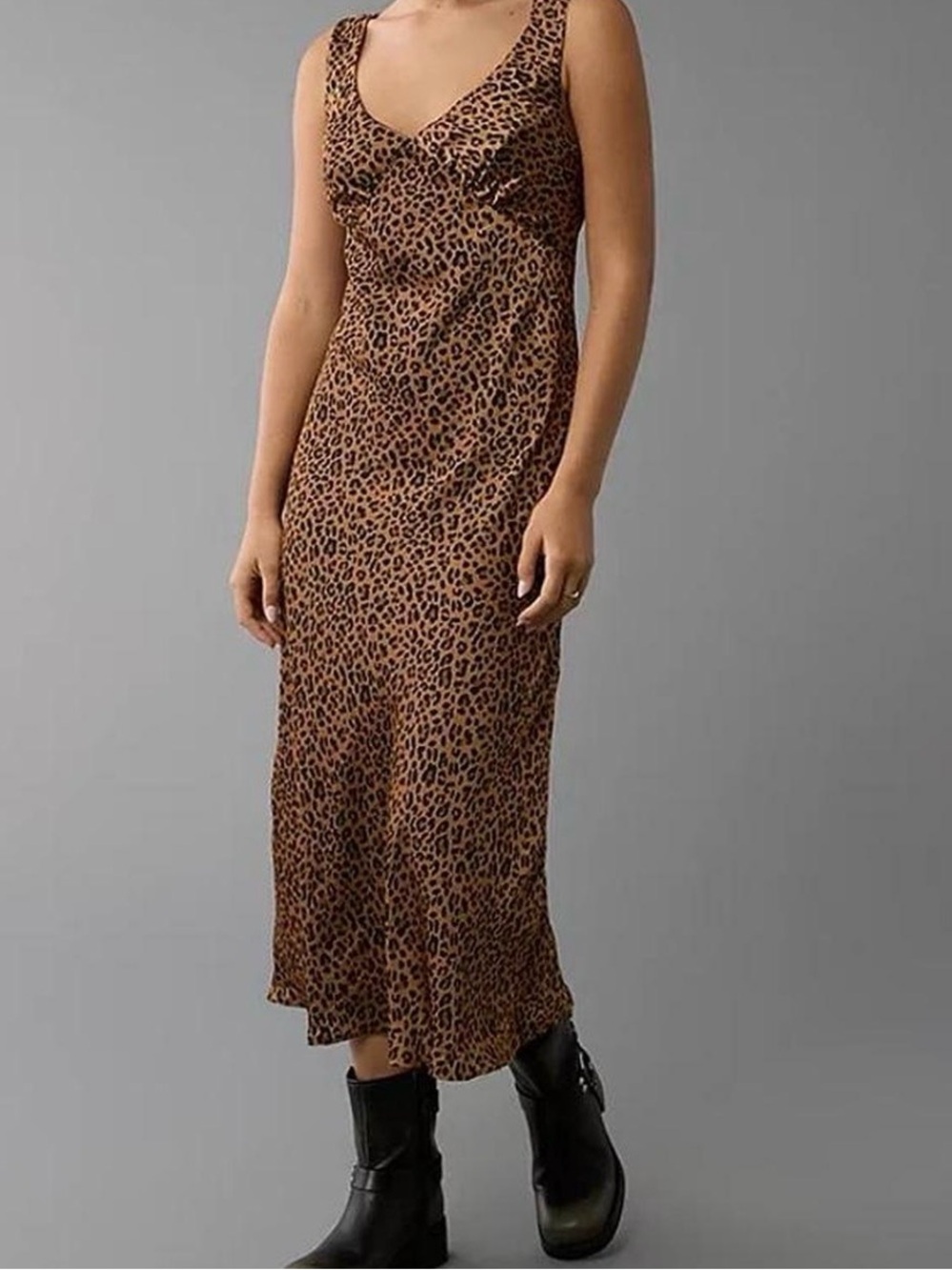 American Eagle Leopard Print Satin Midi Slip Dress | XL | Ruched V-Neck